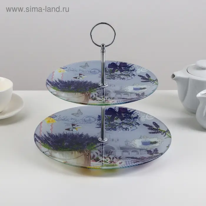 Этажерка - фруктовница круглая Доляна &laquo;Лаванда&raquo;, 2 яруса, d=25/20 см, стекло, цвет сиреневый