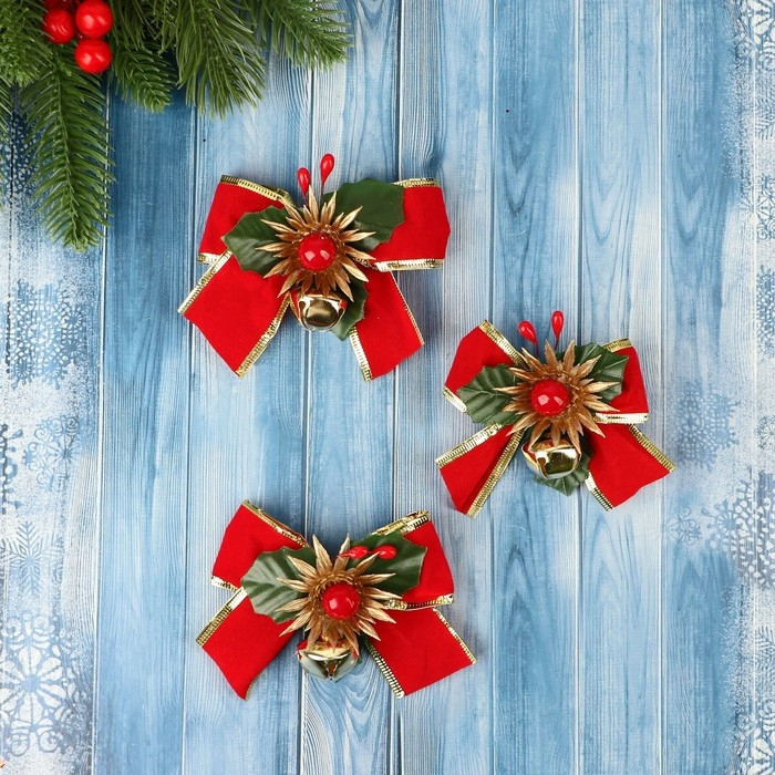 Украшение ёлочное Украшение ёлочное "Зимнее чудо" (набор 3 шт) бантик цветок, 11х6,5 см, красный