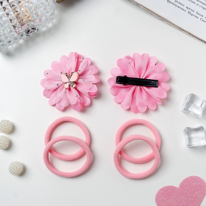 Набор для волос Набор для волос "Кокетка" (4 резинки 4 см, 2 зажима 6 см) нежность бабочка, розовый