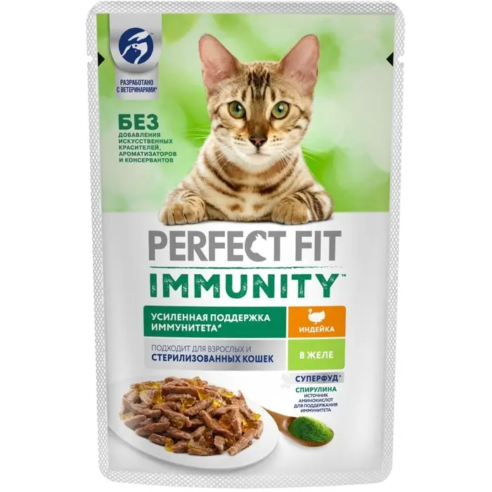 Влажный корм Perfect Fit иммунитет для кошек, индейка, спирулина, пауч, 75 г Влажный корм Perfect Fit иммунитет для кошек, индейка, спирулина, пауч, 75 г