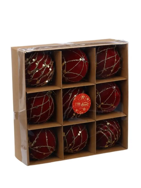 Ёлочные шары новогодние «Бархат. Фестиваль», набор 9 шт., d=8 см, геометрия, красный