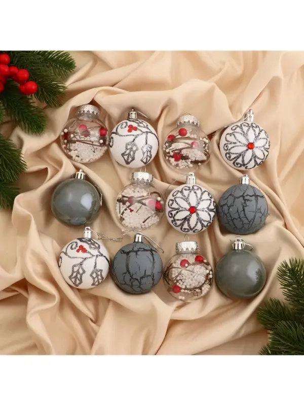 Ёлочные игрушки &laquo;Мелодия&raquo;, шары новогодние, d=6 см, набор 12 шт., ассорти, белый серый