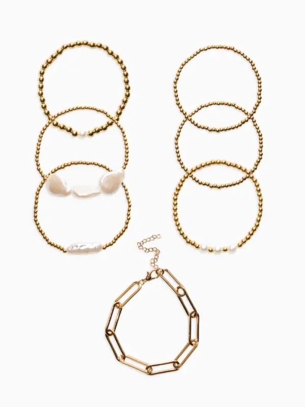 Набор браслетов &laquo;Жемчуг Барочный с цепями&raquo;, 7 шт. белый в золоте