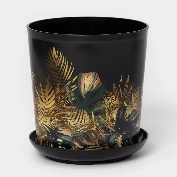 Горшок для цветов с поддоном Доляна «Голди. Листья», 1,6 л, d=14 см, h=15,5 см, пластиковый, цвет чёрный Горшок для цветов с поддоном Доляна «Голди. Листья», 1,6 л, d=14 см, h=15,5 см, пластиковый, цвет чёрный