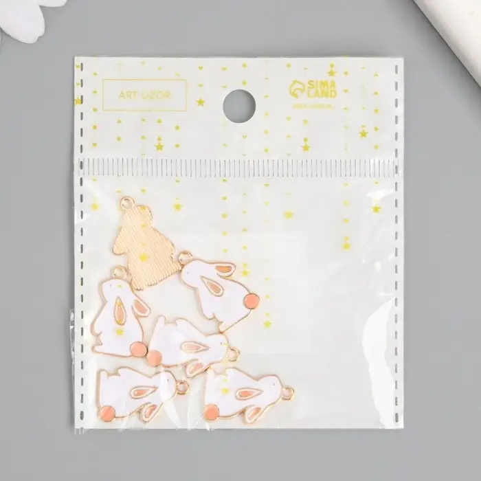 Декор для творчества металл, эмаль "Зайчик с розовым хвостиком" белый 2,2х1,3 см