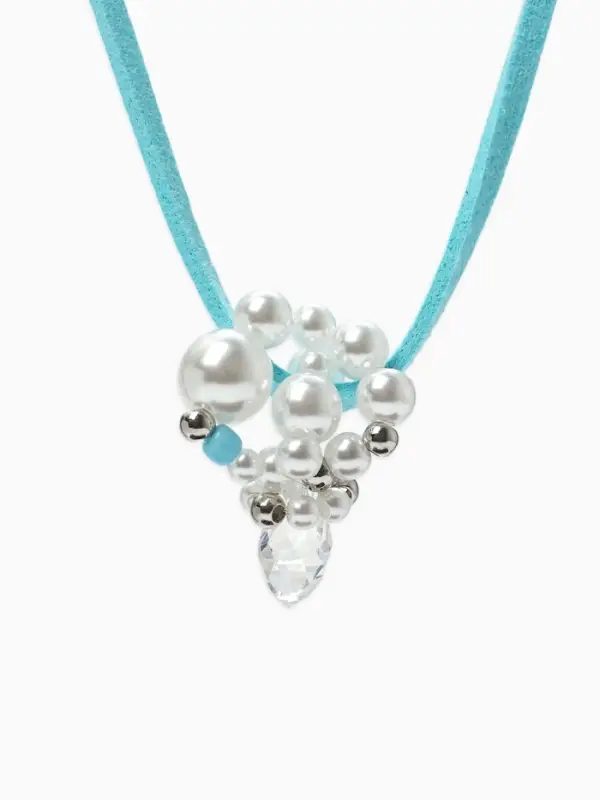 Чокер на шнурке с подвеской &laquo;Жемчуг с кристаллом&raquo;, L=150 см, белый, голубой в серебре