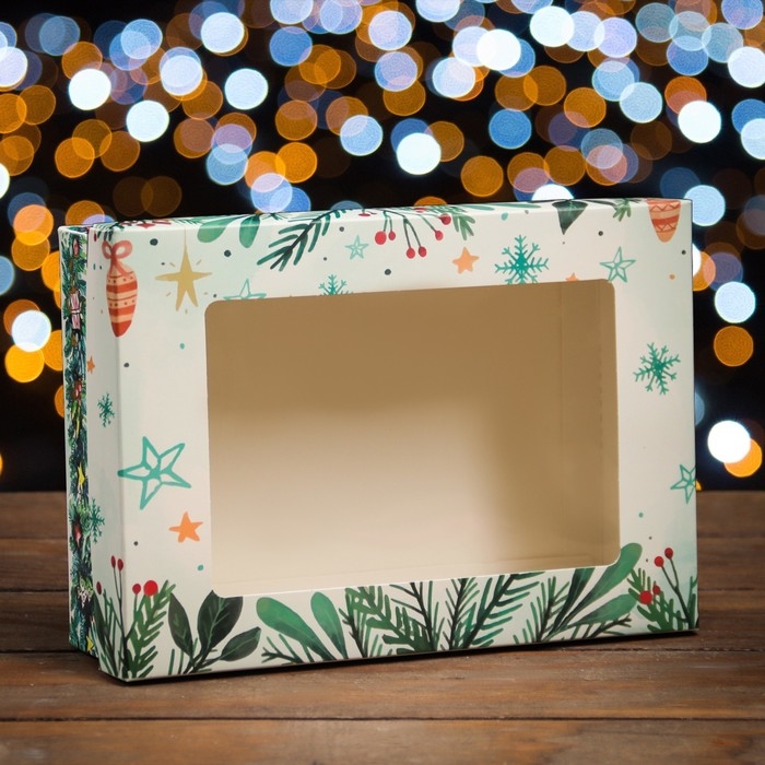 Новый год. Коробка подарочная новогодняя складная, крышка-дно, с окном Новый год. Коробка подарочная новогодняя складная, крышка-дно, с окном "Новогодняя ёлка" 21 х 15 х 7 см