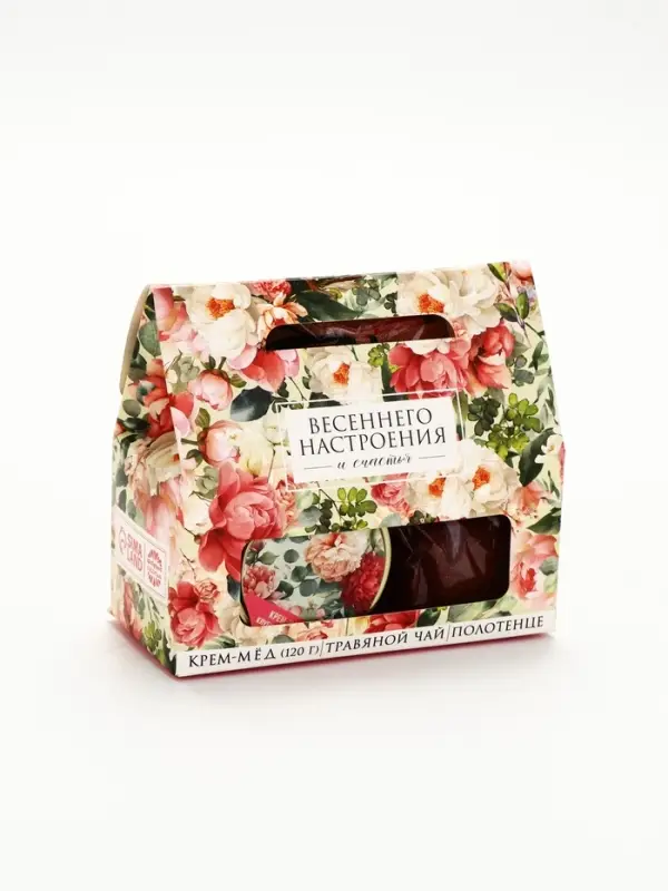 Набор с крем-мёдом, чаем и полотенцем в коробке "Весеннего настроения"