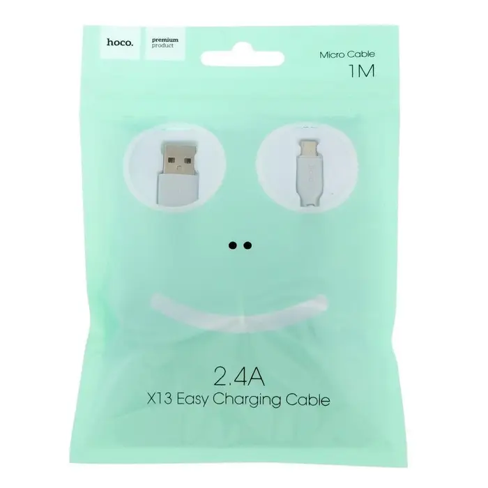 Кабель Hoco X13, microUSB - USB, 2.4 А, 1 м, PVC оплетка, белый
