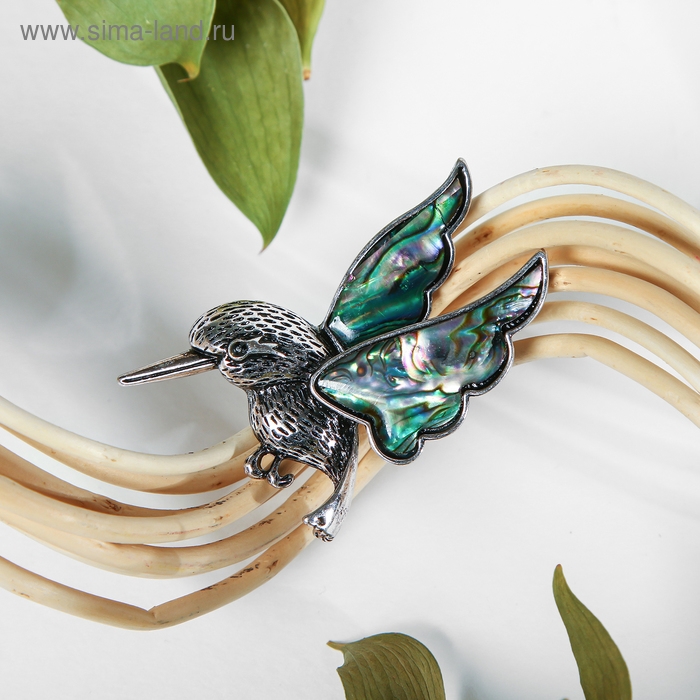 Брошь &laquo;Галиотис&raquo; колибри, цвет зелёный в чернёном серебре