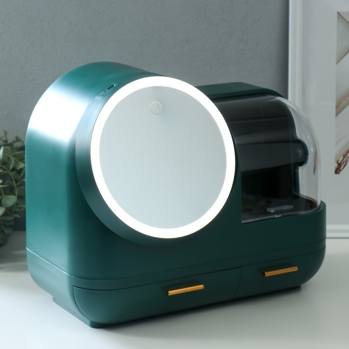 Шкатулка для косметики пластик, зеркало с подсветкой Шкатулка для косметики пластик, зеркало с подсветкой "Тёмно-зелёная" 37,5х22х31 см