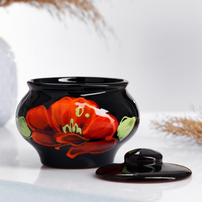 Горшок для запекания  Горшок для запекания "Русский" 0,33л / 9,5х11,2см, мак на черном