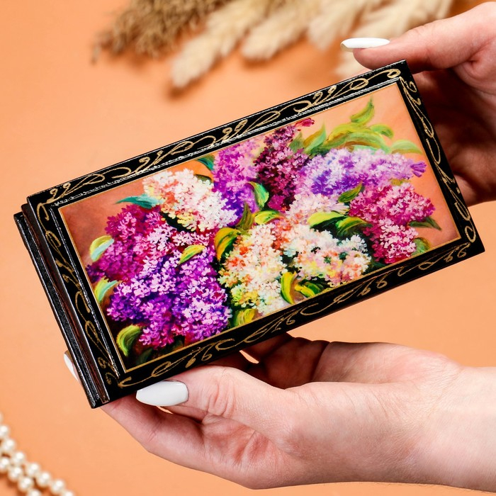 Шкатулка - купюрница «Сирень», 8,5×17 см, лаковая миниатюра Шкатулка - купюрница «Сирень», 8,5×17 см, лаковая миниатюра