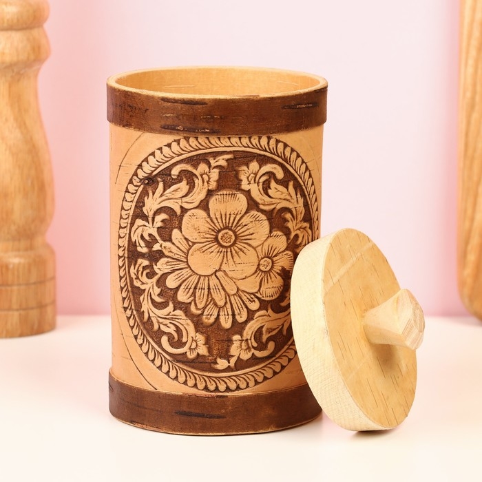 Туес  "Цветочки", круглый, D=8 см, береста