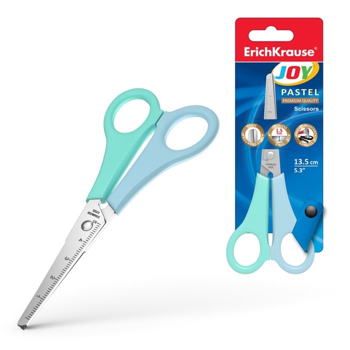 Ножницы детские ErichKrause Joy Pastel, 13.5 см, с закруглёнными концами лезвий и линейкой, блистер, МИКС Ножницы детские ErichKrause Joy Pastel, 13.5 см, с закруглёнными концами лезвий и линейкой, блистер, МИКС