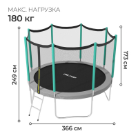 Батут ONLITOP, d=366 см, высота сетки 173 см, с лестницей, цвет серый/салатовый