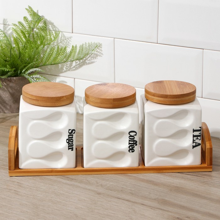 Банки для хранения сыпучих продуктов на деревянной подставке «Эстет. Волны», 3 предмета: 900 мл, 12×14,5 см, керамические, цвет белый Банки для хранения сыпучих продуктов на деревянной подставке «Эстет. Волны», 3 предмета: 900 мл, 12×14,5 см, керамические, цвет белый