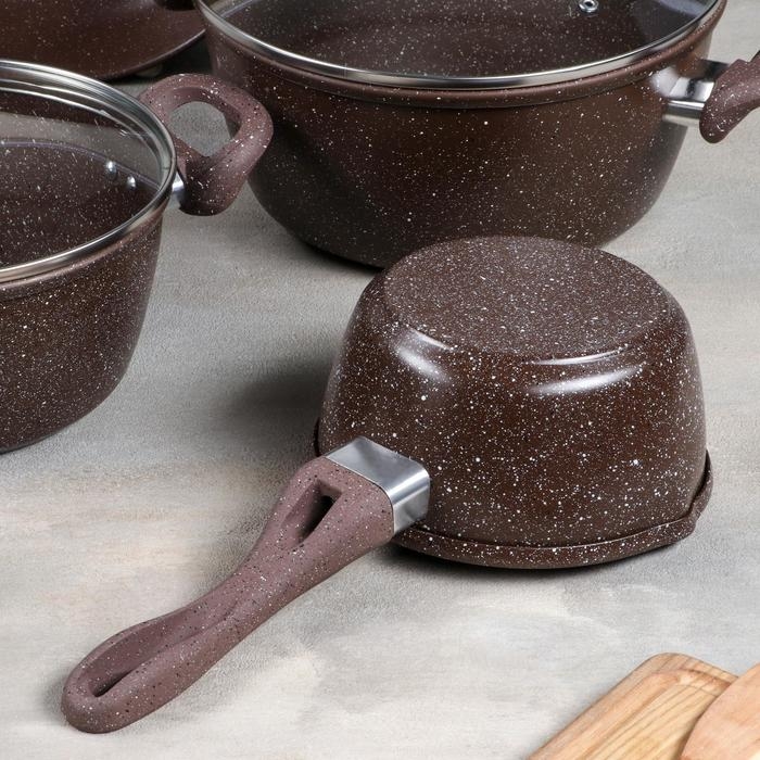 Набор посуды, 4 предмета: кастрюля 4 л, сотейник 2,5 л, ковш 1,4 л, сковорода d=24 см, антипригарное покрытие, цвет коричневый