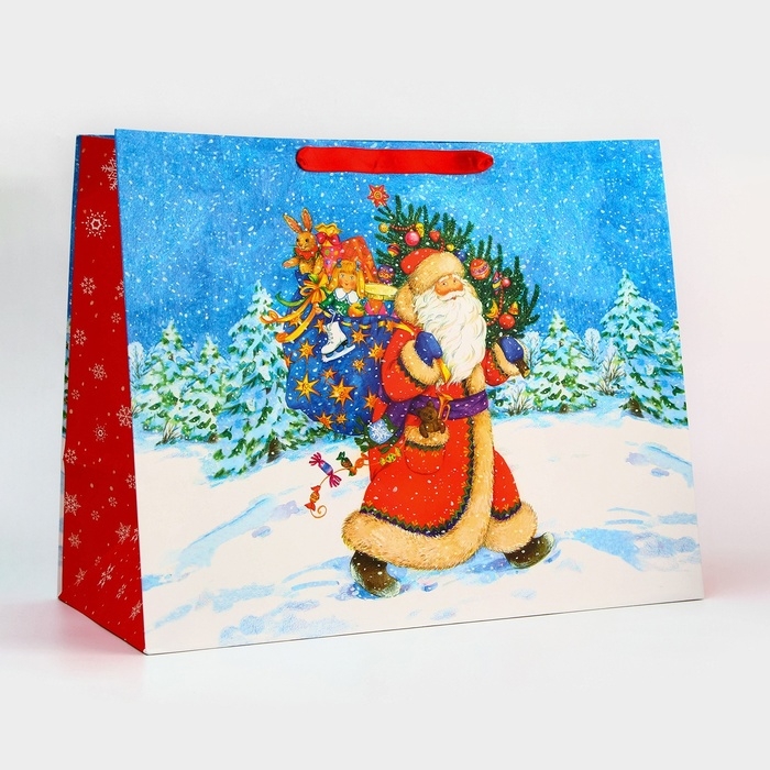 Пакет подарочный новогодний ламинированный Пакет подарочный новогодний ламинированный "Дед мороз спешит в гости", 50 х 40 х 25 см.