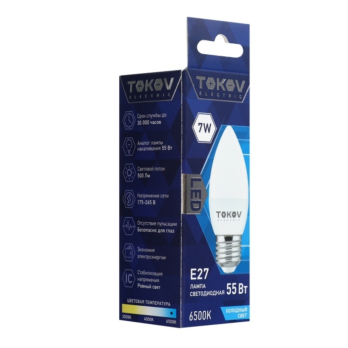 Лампа светодиодная TOKOV ELECTRIC, 7 Вт, С37, 6500 К, Е27, 176-264В Лампа светодиодная TOKOV ELECTRIC, 7 Вт, С37, 6500 К, Е27, 176-264В