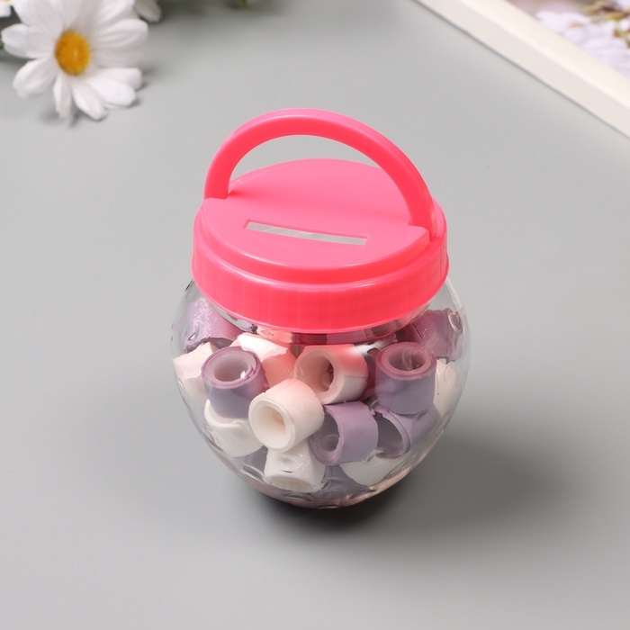 Клейкая лента пластик в банке  Клейкая лента пластик в банке "Белый и сирень" н-р 40 шт 1,2 см, дл. 0,9 м 7х7х9 см