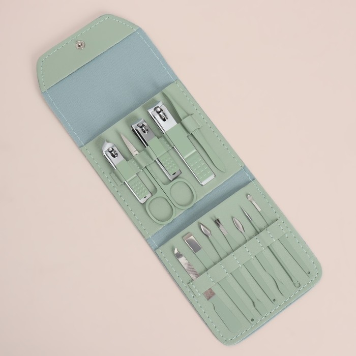 Набор маникюрный, 12 предметов, в футляре, цвет ментоловый Набор маникюрный, 12 предметов, в футляре, цвет ментоловый