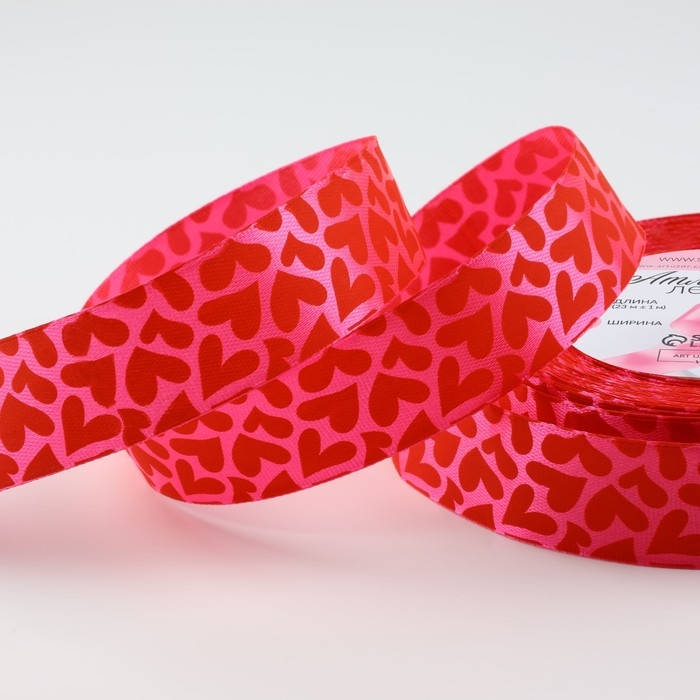 Лента атласная «Сердца», 25 мм × 23 ± 1 м, цвет розовый №190 Лента атласная «Сердца», 25 мм × 23 ± 1 м, цвет розовый №190