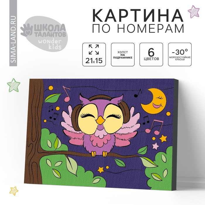 Картина по номерам для детей на подрамнике «Сова в наушниках», 21 х 15 см Картина по номерам для детей на подрамнике «Сова в наушниках», 21 х 15 см