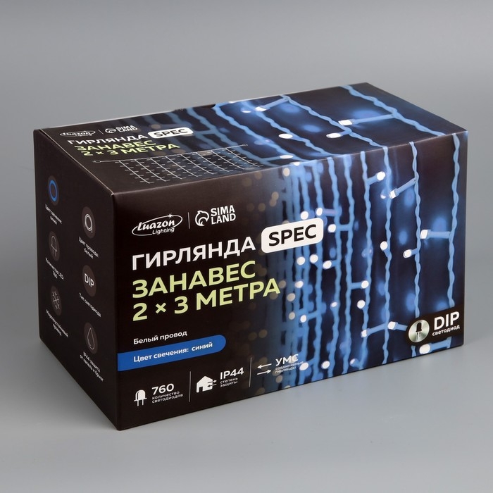 Гирлянда «Занавес» 2 × 3 м, IP44, УМС, белая нить, 760 LED, свечение синее, 220 В