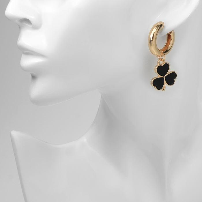 Серьги со съёмным элементом «Трансформер» клевер-сердце, цвет чёрный в золоте Серьги со съёмным элементом «Трансформер» клевер-сердце, цвет чёрный в золоте
