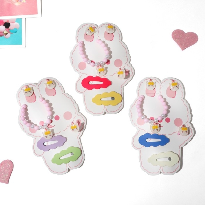 Комплект детский «Выбражулька» 5 предметов: 2 заколки, клипсы, браслет, кольцо, цветной Комплект детский «Выбражулька» 5 предметов: 2 заколки, клипсы, браслет, кольцо, цветной