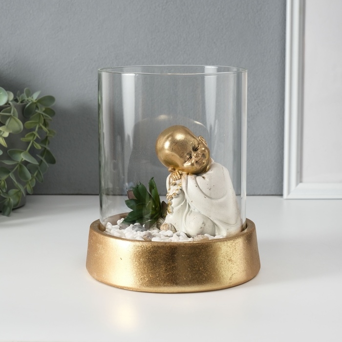 Сувенир полистоун, стекло  Сувенир полистоун, стекло "Маленький спящий Будда в саду камней" 15,5х15,5х18 см