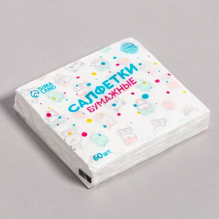 Салфетки бумажные Салфетки бумажные "Звери", 60 шт в пакете, трёхслойные
