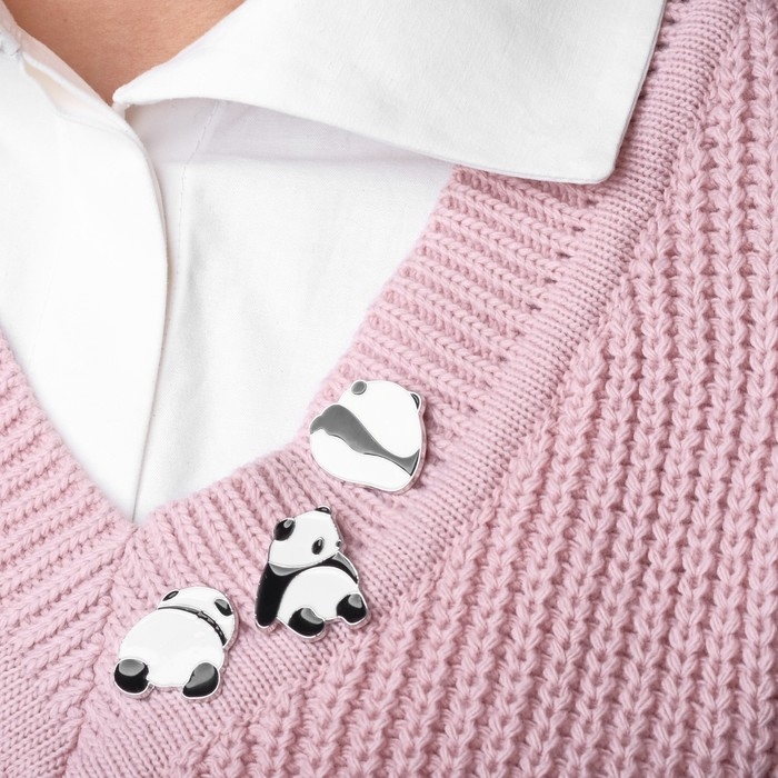 Набор значков (3шт) Набор значков (3шт) "Панды", цвет чёрно-белый в серебре