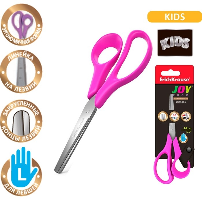 Ножницы детские для левшей 14 см, ErichKrause Joy Ergo, с закруглёнными концами лезвий и линейкой, МИКС Ножницы детские для левшей 14 см, ErichKrause Joy Ergo, с закруглёнными концами лезвий и линейкой, МИКС
