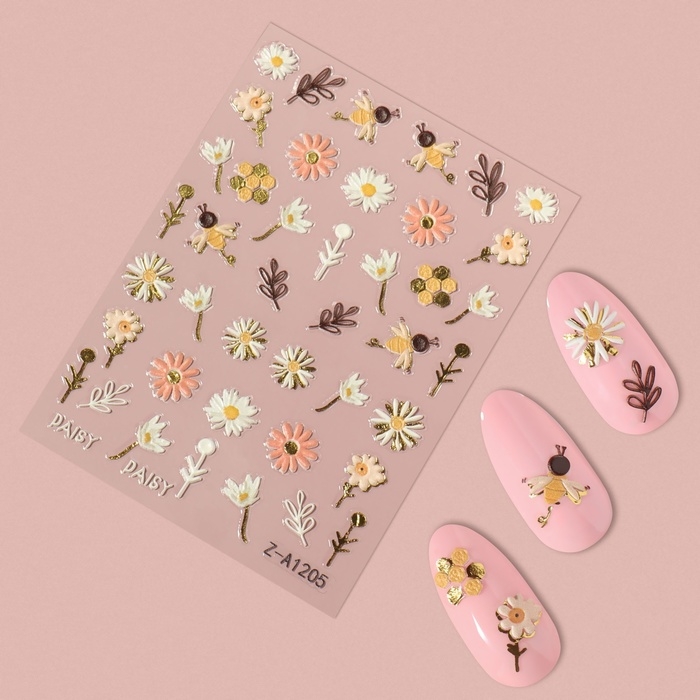 Наклейки для ногтей «Пчёлы и цветы», объёмные, разноцветные Наклейки для ногтей «Пчёлы и цветы», объёмные, разноцветные