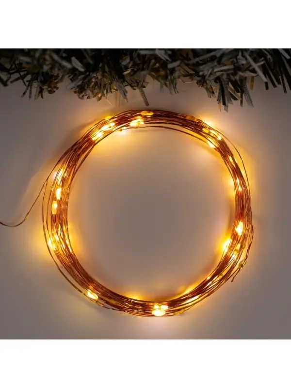 Гирлянда &laquo;Нить&raquo; 5 м, роса, IP20, медная нить, 50 LED, мерцание всех светодиодов, от батареек АА&times;3, свечение тёплое белое