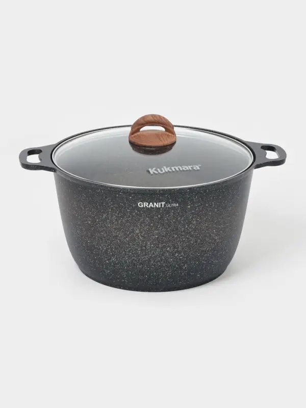Кастрюля KUKMARA Granit ultra, 10 л, d=32.5 см, со стеклянной крышкой, антипригарное покрытие, литой алюминий, коричневая
