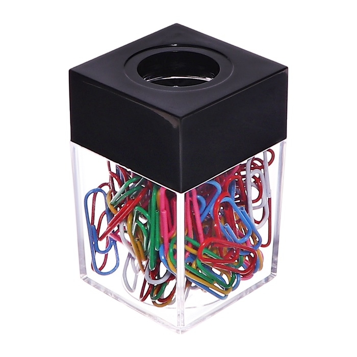 Скрепочница квадратная с магнитом прозрачная пластик, скрепки цветные 100 штук Скрепочница квадратная с магнитом прозрачная пластик, скрепки цветные 100 штук