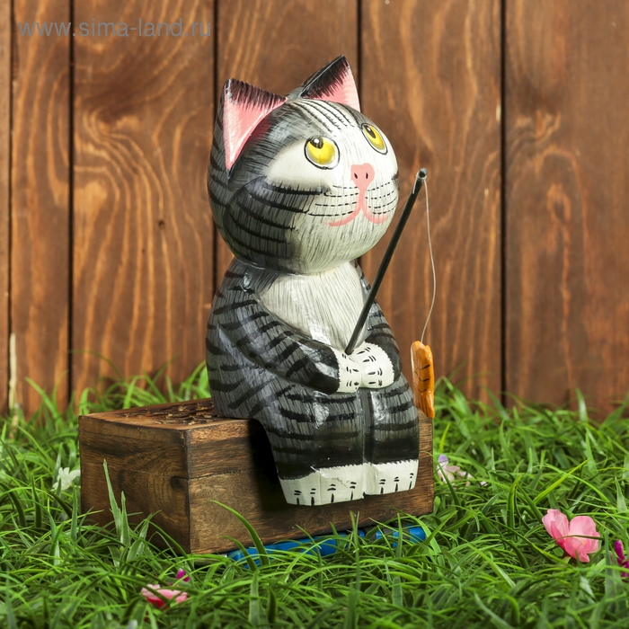 Сувенир дерево Сувенир дерево "Котёнок рыбак" серый 9х9х25 см