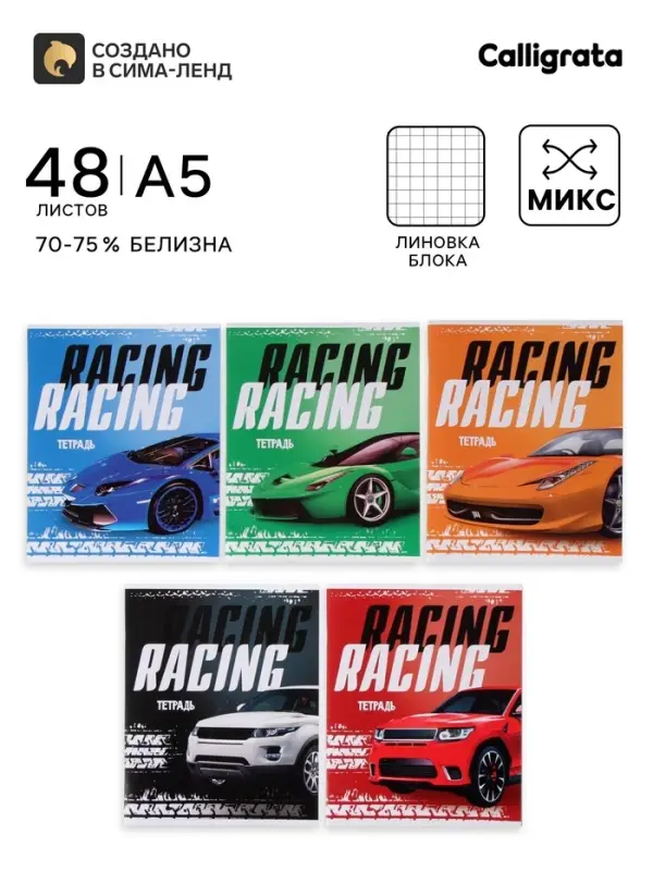 Тетрадь 48 листов в клетку, Calligrata, Racing Defender, МИКС