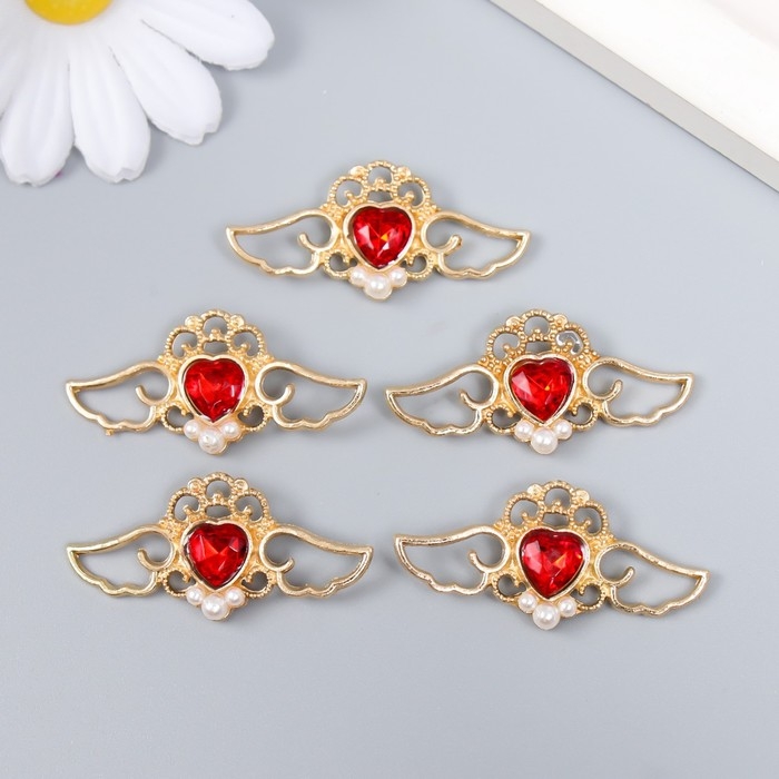 Декор для творчества металл, пластик Декор для творчества металл, пластик "Крылатое сердце. Рубин" золото набор 5 шт 4х2 см