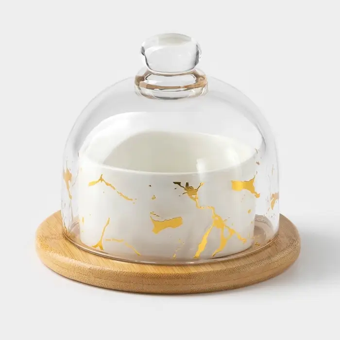 Икорница &laquo;Марбл&raquo;, 150 мл, d=8 см, с подставкой и крышкой, керамика