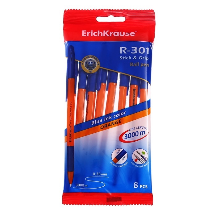 Набор ручек шариковых ErichKrause R-301 Orange Stick&Grip, 8 штук, узел 0.7 мм, цвет чернил синий, резиновый упор, корпус оранжевый Набор ручек шариковых ErichKrause R-301 Orange Stick&Grip, 8 штук, узел 0.7 мм, цвет чернил синий, резиновый упор, корпус оранжевый