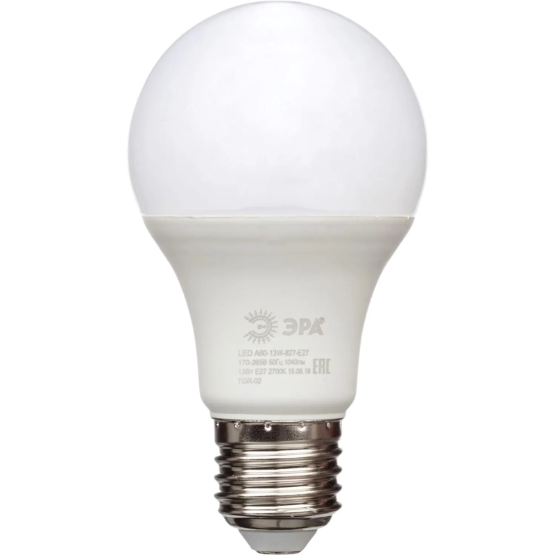 Лампа светодиодная Эра 13W E27 2700k тепл.бел. ст.колба LED A60-13W-827-E27