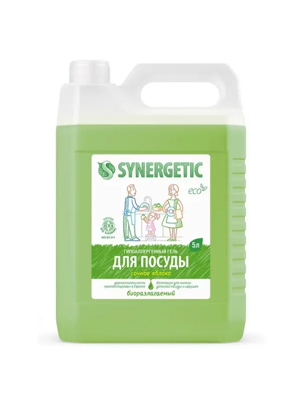 Средство для мытья посуды Synergetic, антибактериальный гель, биоразлагаемый, яблоко, 5 л