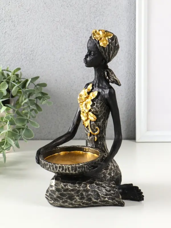 Подсвечник полистоун Подсвечник полистоун "Африканка в косынке с цветами" чёрный d=8 см 14х11,5х24,5 см