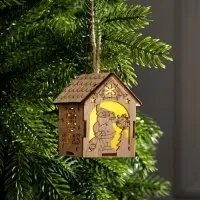 Ёлочная игрушка &laquo;Домик с Дедом Морозом с мешком&raquo;, 8&times;6.5&times;6 см, от батареек, свечение тёплое белое