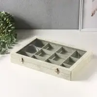 Шкатулка для украшений 12 ячеек, 35&times;24&times;4.5, стеклянная крышка, серая