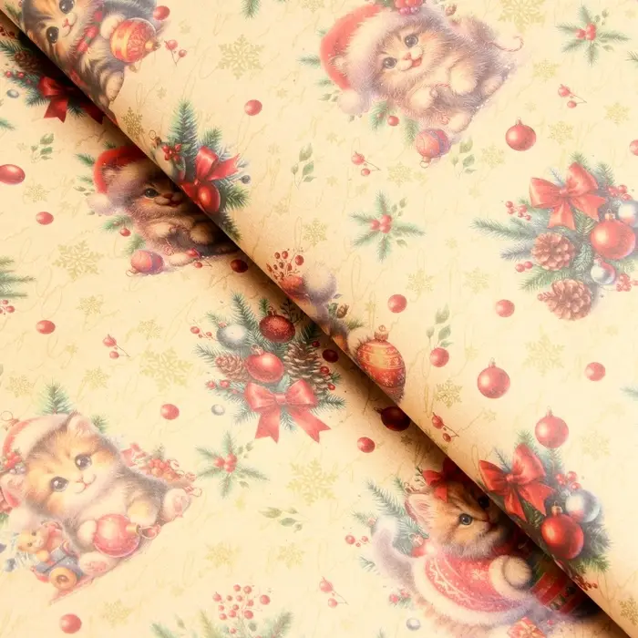 Бумага упаковочная новогодняя «Котик», бурый крафт, 80 г/м² , 50×70 см